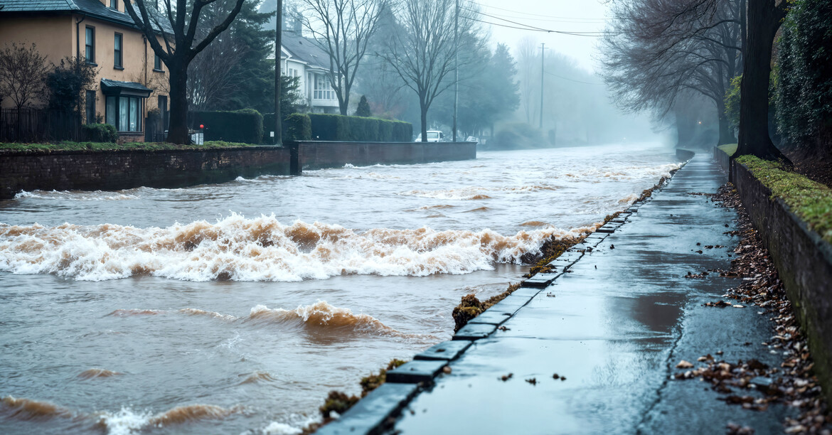 © freepik.com Eine Straße mit zwei Wohnhäuser auf der linken Straßenseite und einem Gehweg zur rechten ist von Wassermassen überflutet. Das Wasser bahnt sich als Fluss den Weg die Straße herunter.